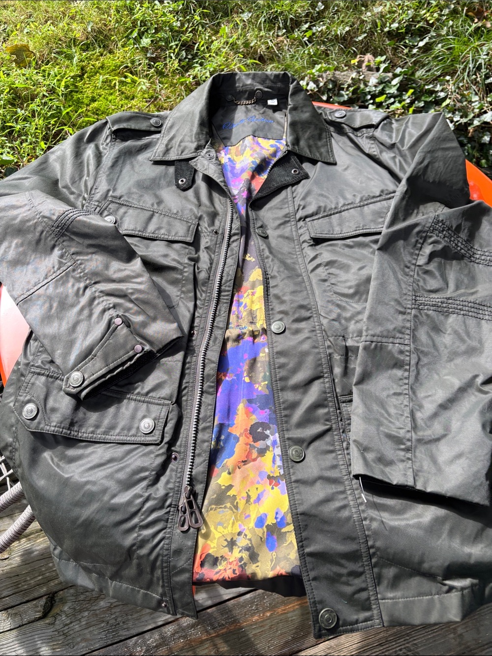 Robert Graham Black Military Field Jacket w/ Colorful Printed Lining Never Worn